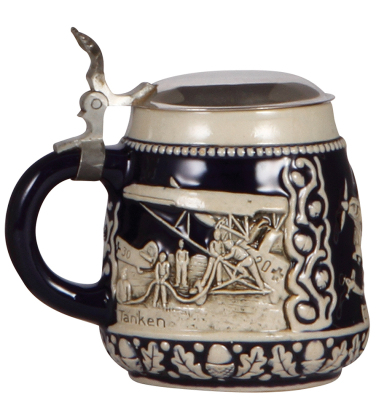 Third Reich stein, .5L, stoneware, relief, airplanes with swastika on wing, two side scenes, original metal lid, mint. - 3
