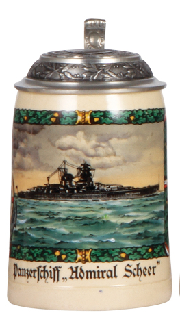 Third Reich stein, .5L, pottery, Panzerschiff Admiral Scheer, pewter lid with relief: Oberfeldwebel Mosse, Admiral Scheer, mint, with signed photo.