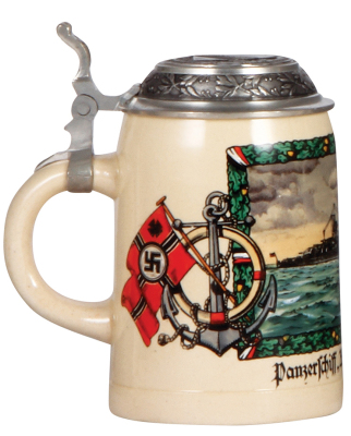 Third Reich stein, .5L, pottery, Panzerschiff Admiral Scheer, pewter lid with relief: Oberfeldwebel Mosse, Admiral Scheer, mint, with signed photo. - 3