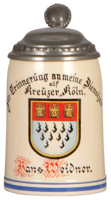 Third Reich stein, .5L, pottery, Kreuzer Köln, owner's name, pewter lid, mint.