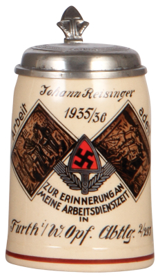 Third Reich stein, .5L, pottery, Arbeit adelt, Furth; /w. Opf., Abtlg., 2/293, 1935 - 1936, pewter lid, mint.