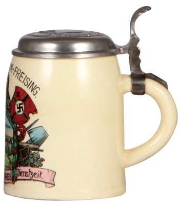 Third Reich stein, .5L, pottery, 12. [M. G.] Komp. I. R. M. - Freising, 1935, pewter lid with relief helmet with swastika, owners' name, pewter strap repaired, body mint.  - 2
