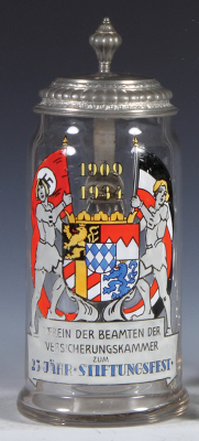 Glass stein, 1.0L, blown, 1909 - 1934, 25 Jähr Stiftungsfest, pewter lid. 