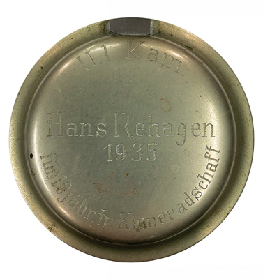 Third Reich stein, .4L, glass, metal lid inscribed: U.I. Kam., Hans Rehager, 1935, für, 10 jähr. tr. Kameradschaft, mint. - 4