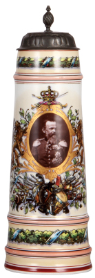 Porcelain stein, 16.0" ht., handpainted, military motif, Friedrich III, pewter lid, strap repaired, body mint.