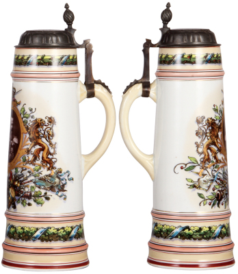 Porcelain stein, 16.0" ht., handpainted, military motif, Friedrich III, pewter lid, strap repaired, body mint. - 2