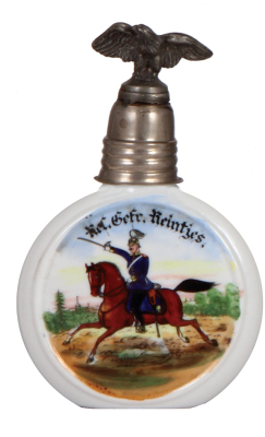 Regimental flask, .25L, porcelain, 2. Battr., Feld Artl. Regt. Nr. 43, Wesel, 1909 - 1910, 4. Lehrbattr., Feld Artl. Schiess Schule, Jüterbog, 1910 - 1911, named to: Res. Gefr. Reintjes, cap torn, body has minimal wear.