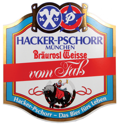 Enameled Hacker - Pschorr brewery sign, 16.0" x 16.5",  lithograph, marked Hersteller Boos Hahn Made in Germany, late 1900s, very good condition.  