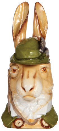 Character stein, .5L, porcelain, marked Musterschutz, by Schierholz, Gentleman Rabbit, excellent repair of chips on lid.