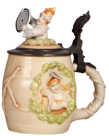 Character stein, .5L, porcelain, marked Musterschutz, by Schierholz, Schützen Liesl on Barrel, Jester inlaid lid, lines in lithophane, otherwise mint.