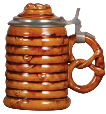 Mettlach stein, .5L, 2388, Character, Pretzel, inlaid lid, inlay has glaze browning, otherwise mint.