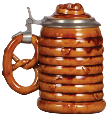 Mettlach stein, .5L, 2388, Character, Pretzel, inlaid lid, inlay has glaze browning, otherwise mint. - 2