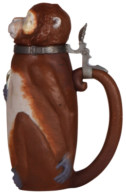 Mettlach stein, .5L, 2069, Character, Monkey, inlaid lid, repaired hairline in rear. - 2