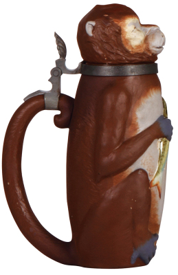 Mettlach stein, .5L, 2069, Character, Monkey, inlaid lid, repaired hairline in rear. - 3