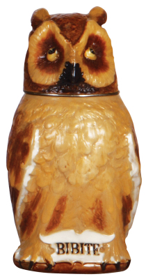Mettlach stein, .5L, 2036, Character, Owl, inlaid lid, mint.