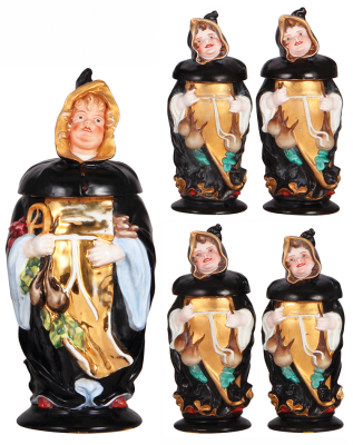 Five Character steins, 3.0L, 15.2" ht., porcelain, marked Jos. Mayer, München, Münchener Kindl, lithophane, mint; with four, .5L, steins, porcelain, marked Jos. Mayer, Münchener Kindl, lithophanes, all mint.