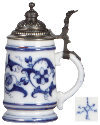 Porcelain stein, .3L, hand-painted, blue onion pattern, pewter lid marked Pauson München, lithophane, mint. - 2