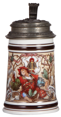 Porcelain stein, .5L, hand-painted, marked Nymphenburg, Gambrinus & Munich Child, relief pewter lid, mint.