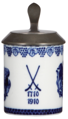 Porcelain stein, .5L, hand-painted, Meissen, crossed swords mark, 1710 - 1910, pewter lid, mint.
