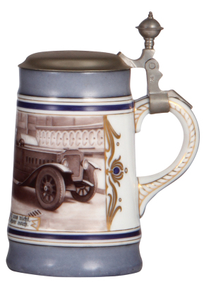 Porcelain stein, .5L, hand-painted, Automobile, Auch Du entgehst uns nicht wir angeln Dich schon noch, metal lid dated 3.9.26, very rare, mint. - 2