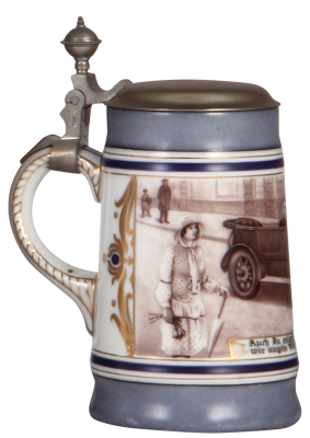 Porcelain stein, .5L, hand-painted, Automobile, Auch Du entgehst uns nicht wir angeln Dich schon noch, metal lid dated 3.9.26, very rare, mint. - 3