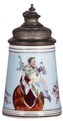 Porcelain stein, .5L, transfer & hand-painted, Gambrinus, pewter lid, colored lithophane: woman, mint.