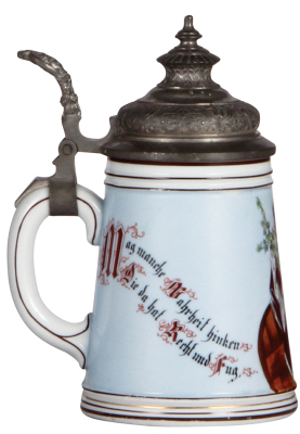 Porcelain stein, .5L, transfer & hand-painted, Gambrinus, pewter lid, colored lithophane: woman, mint. - 3