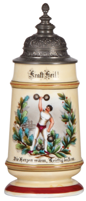 Porcelain stein, 1.0L, transfer & hand-painted, Kraft Heil!, München in background, lithophane, pewter lid dated 1896, mint.