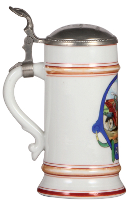 Porcelain stein, .5L, transfer & handpainted, Automobile, Auto Heil, pewter lid, inscription dated 1924, rare, mint. - 3