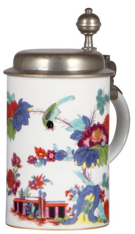 Porcelain stein, 1.0 L, hand-painted, marked with crossed swords, Meissen, early to mid 1900s, elaborate floral design with birds, pewter lid, mint.