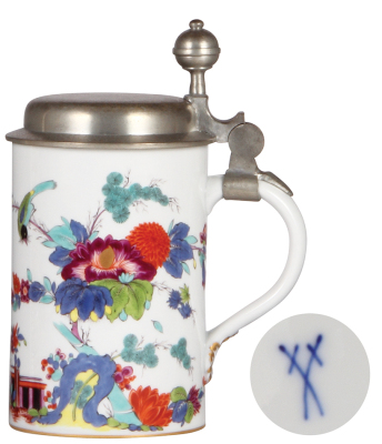 Porcelain stein, 1.0 L, hand-painted, marked with crossed swords, Meissen, early to mid 1900s, elaborate floral design with birds, pewter lid, mint. - 2