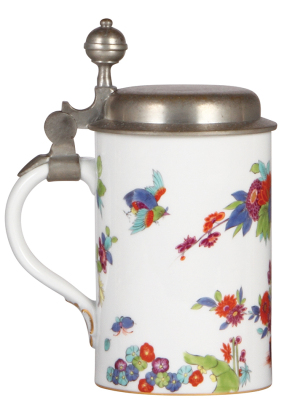 Porcelain stein, 1.0 L, hand-painted, marked with crossed swords, Meissen, early to mid 1900s, elaborate floral design with birds, pewter lid, mint. - 3