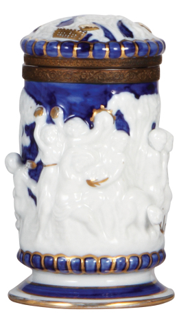 Porcelain stein, .5L, relief, marked with crossed swords, pseudo Meissen, porcelain inlaid lid, brass mounts, mint.