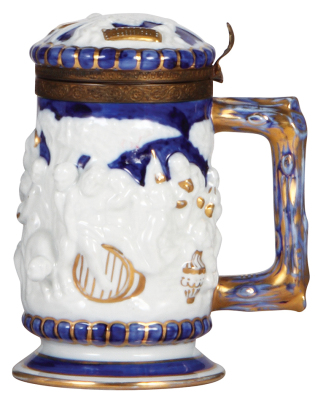 Porcelain stein, .5L, relief, marked with crossed swords, pseudo Meissen, porcelain inlaid lid, brass mounts, mint. - 2