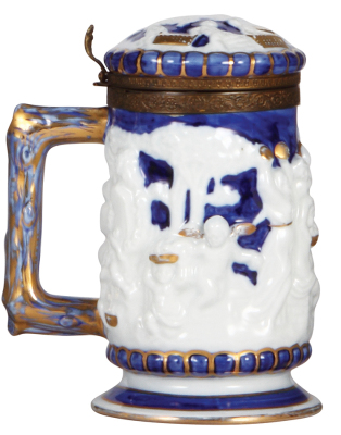 Porcelain stein, .5L, relief, marked with crossed swords, pseudo Meissen, porcelain inlaid lid, brass mounts, mint. - 3