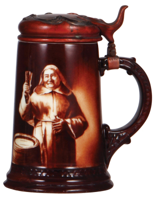 Porcelain stein, .5L, transfer & hand-painted, marked C.A.C., Lenox, Monks, Ed. v. Grützner style, copper & silver lid, lid bent a little, otherwise mint.