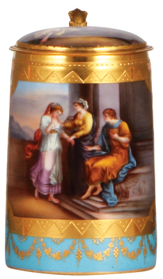 Porcelain stein, .5L, 6.2" ht., hand-painted, marked with Beehive, Royal Vienna type, Justinius, porcelain inlaid lid, with scenes inside & outside, mint.