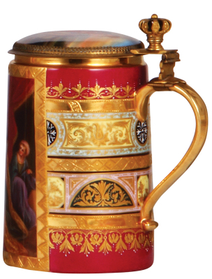 Porcelain stein, .5L, hand-painted, marked with Beehive, Royal Vienna type, Ester, porcelain inlaid lid with scenes inside & outside, mint. - 2