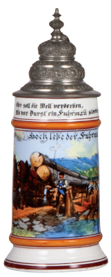 Porcelain stein, .5L, transfer & hand-painted, Occupational Fuhrmann [Lumber Wagon Driver], pewter lid, mint. From the Etheridge Collection.