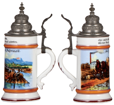 Porcelain stein, .5L, transfer & hand-painted, Occupational Fuhrmann [Lumber Wagon Driver], pewter lid, mint. From the Etheridge Collection. - 2