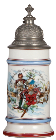 Porcelain stein, .5L, transfer & hand-painted, Occupational Metzger [Butcher], weight lifting & bicycle side scenes, pewter lid, mint. From the Etheridge Collection.