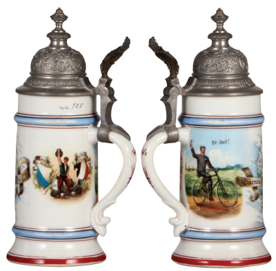 Porcelain stein, .5L, transfer & hand-painted, Occupational Metzger [Butcher], weight lifting & bicycle side scenes, pewter lid, mint. From the Etheridge Collection. - 2