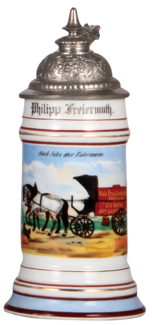 Porcelain stein, .5L, transfer & hand-painted, Occupational Fuhrmann [Fuel Oil Wagon Driver], Rein Pensilvanisches Petroleum Die besten aller amerikan Sorten, pewter lid, rare, very good pewter strap repair, body mint. From the Etheridge Collection.
