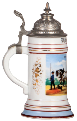 Porcelain stein, .5L, transfer & hand-painted, Occupational Fuhrmann [Fuel Oil Wagon Driver], Rein Pensilvanisches Petroleum Die besten aller amerikan Sorten, pewter lid, rare, very good pewter strap repair, body mint. From the Etheridge Collection. - 3
