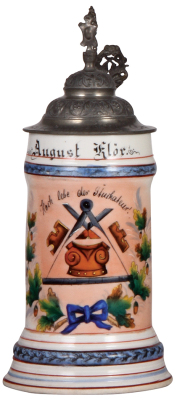 Porcelain stein, .5L, transfer & hand-painted, Occupational Stuckateur [Plasterer], pewter lid, rare, pewter tear repaired, body mint. From the Etheridge Collection & pictured in the Occupational Stein Book. 