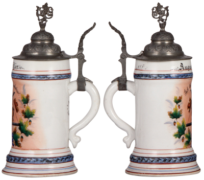 Porcelain stein, .5L, transfer & hand-painted, Occupational Stuckateur [Plasterer], pewter lid, rare, pewter tear repaired, body mint. From the Etheridge Collection & pictured in the Occupational Stein Book. - 2