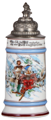 Porcelain stein, .5L, transfer & hand-painted, Occupational Selcher [Meat Smoker], pewter lid, flake in rear. From the Etheridge Collection & pictured in the Occupational Stein Book. 