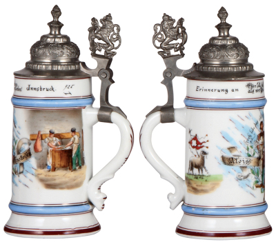 Porcelain stein, .5L, transfer & hand-painted, Occupational Selcher [Meat Smoker], pewter lid, flake in rear. From the Etheridge Collection & pictured in the Occupational Stein Book. - 2