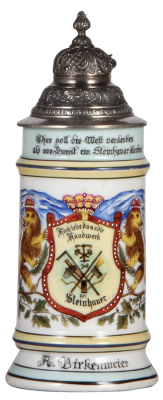 Porcelain stein, .5L, transfer & hand-painted, Occupational Steinhauer [Stonecutter], pewter lid, rare, mint. From the Etheridge Collection. 