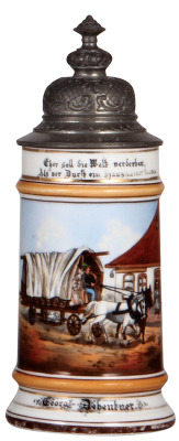 Porcelain stein, .5L, transfer & hand-painted, Occupational Hausdiener [Building or House Caretaker], pewter lid, rare, wear to base red & gold bands. From the Etheridge Collection & pictured in the Occupational Stein Book.